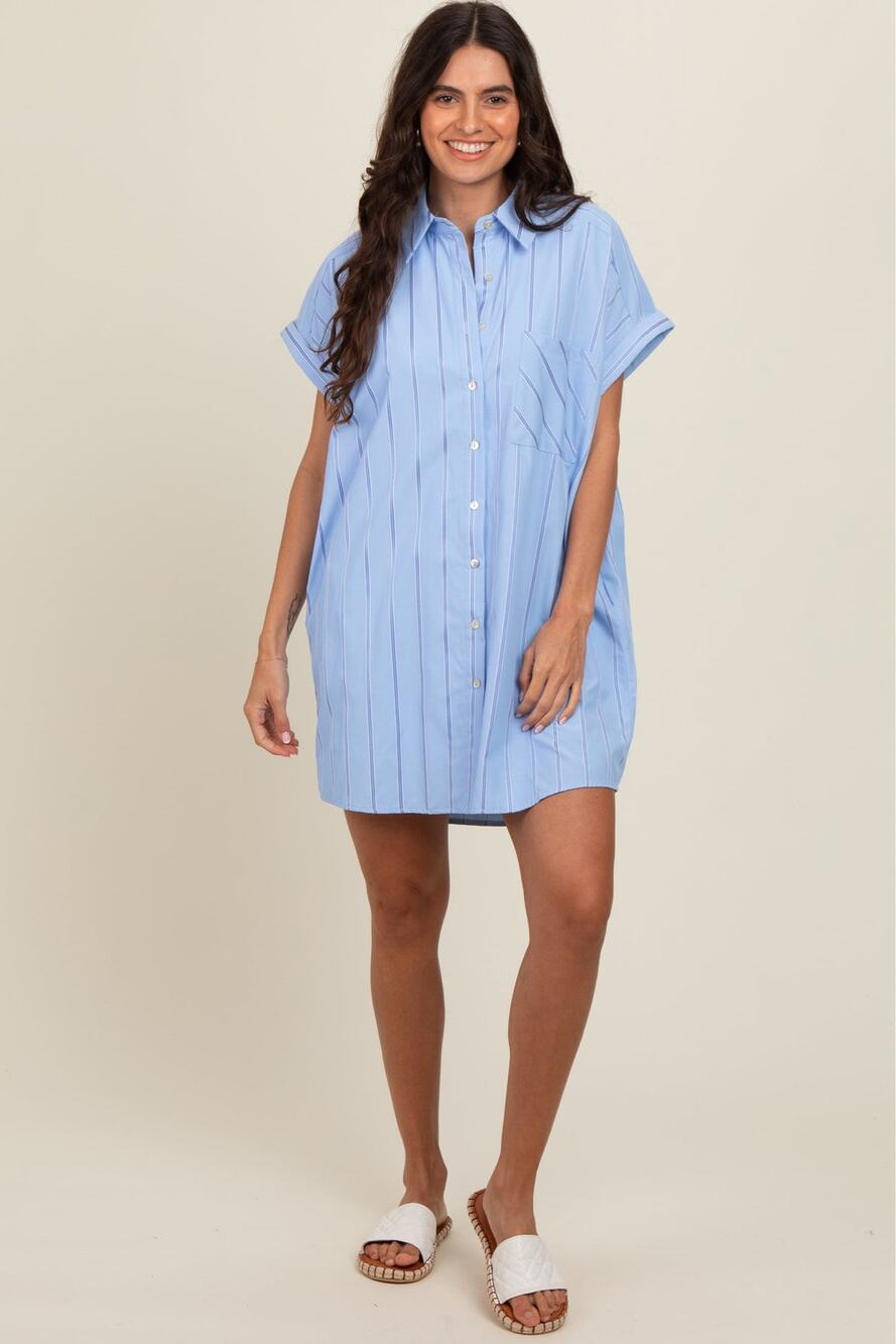 Entro Blue Striped Button Front Shirt Dress Plus Sz 1X Short Sleeve Mini Cotton